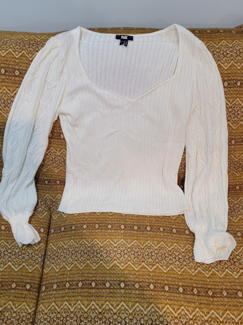 PAIGE Cream/white Ribbed Scoop Neck Puff Sleeve Sweater